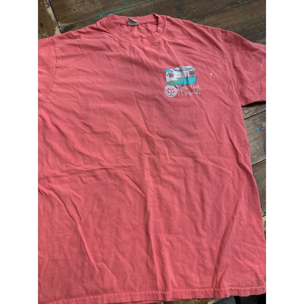 Girlie Girl Originals Happy Camper Vintage Trailer Graphic Tee Coral Pink M